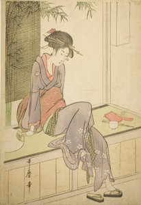Kvinde sidder på verandaen af Kitagawa Utamaro