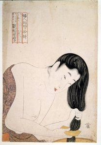 Kvinde maler sig selv. sd. Kunstværk af Utamaro KITAGAWA (1753-1806). af Kitagawa Utamaro