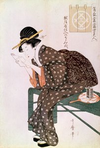 Kvinde læser. Lavet med en crepe af Echigoya. Summer Ensemble Series: Beautes of our time.”” Japansk tryk af Utamaro Kitagawa (1753-1806). 1804-1806. Svag. 0,37x0,25 m. Paris, Guimet Museum, Asian Arts Museum af Kitagawa Utamaro