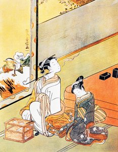 Kvinde ryger pibe, ukiyo-e kunsttryk, Tosa-skole, træsnit, japansk civilisation, Edo-periode af Kitagawa Utamaro