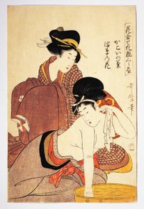 Kvinde vasker sig, omkring 1803, illustration af Kitagawa Utamaro (1753-1806) fra Hana Awase Kesho Kurabe, Aiban-tate-e træsnit, japansk civilisation, Edo-periode af Kitagawa Utamaro