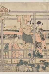 Kvinder hænger vasketøj til tørre på en balkon af Kitagawa Utamaro