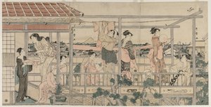 Kvinder, der hænger vasketøj til tørre på en balkon, begyndelsen af 1790