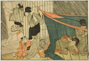 Kvinder inde i et myggenet under et tordenvejr, fra den illustrerede bog "Picture Book: Flowers of the Four Seasons (Ehon shiki no hana)," vol. 1 af Kitagawa Utamaro