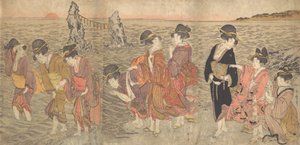 Kvinder, der tilbeder den opgående sol mellem tvillingeklipperne ved Ise, slutningen af det 18.-begyndelsen af det 19. århundrede. af Kitagawa Utamaro