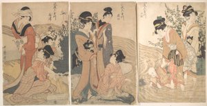 Kvinder og børn på bredden af en bæk af Kitagawa Utamaro