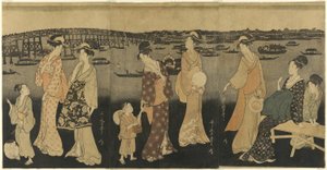 Kvinder ser fyrværkeri ved Sumida-floden af Kitagawa Utamaro