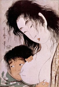 Yamauba og Kintaro: Det gamle japanske tryk af Utamaro Kitagawa (1753-1806). Sol. 0,37x0,25 m. 1801-1803. Paris, Guimet-museet, Nationalmuseet for asiatisk kunst af Kitagawa Utamaro