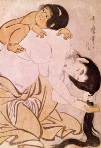 Yamauba og Kintoki Moderen reder sit hår, mens hun bærer sit barn på ryggen. Japansk tryk af Utamaro Kitagawa (1753-1806). 1700-tallet. Paris, Guimet Museum, Asian Arts Museum