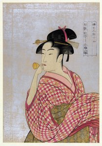 Young Woman Blowing a Glass Pipe (poppin), fra serien Ten Types in the Physiognomic Study of Women par Utamaro, Kitagawa (1753-1806), ca 1792 - Farvetræsnit, 38,9x27,5 - Privat samling af Kitagawa Utamaro