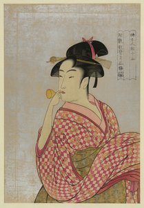 Young Woman Blowing a Glass Pipe poppin fra serien Ten Types in the Physiognomic Study of Wo af Kitagawa Utamaro