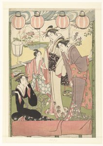 Tre kvinder og en dreng under lanterner af Kitao Masanobu (attributed to)