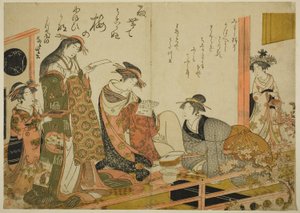 Courtesanerne Utagawa og Nanasato fra Yotsumeya, fra albummet "Comparing New Beauties of the Yoshiwara - A Mirror of Their Own Writings (Keisei shin bijin awase jikihitsu kagami)"