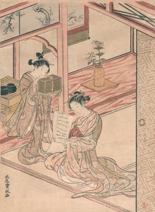 Kurtisane og ung tjener i en stue af Kitao Shigemasa