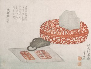 Segl og en udskåret lakbeholder til seglblæk, 1817. af Kitao Shigemasa