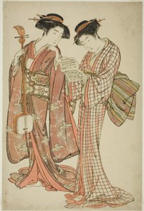 To Geisha Holder en Shamisen og en Sangbog af Kitao Shigemasa