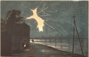 Torden og lyn over Onmaya-broen af Kiyochika Kobayashi
