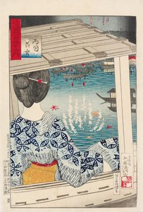 Fyrværkeri ved Ryogoku-broen af Kiyochika Kobayashi