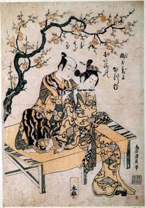 Japansk kunst: en musiker giver en fløjte lecon til en ung kvinde. Tryk af Kiyohiro Torii (1737-1766) 1700-tallets Paris, B.N. af Kiyohiro Torii