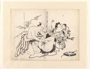 Erotisk performance med rygeredskaber og foldeskærm af Kiyonobu (I) , Torii