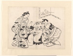 Par elsker med pige, der ser tilbage af Kiyonobu (I) , Torii