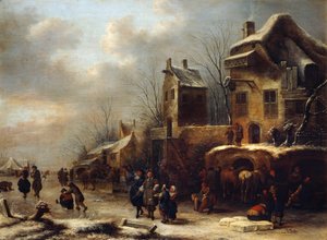 Skøjtebane ved en flod, 1665 af Klaes Molenaer