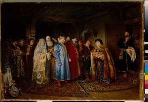 Boyar bryllup (boyar, boyar) i det 16. århundrede, bruden er iført en kokochnik (Bojarens bryllup) - Olie på lærred af Klavdi Vasilyevich Lebedev (1852-1916)