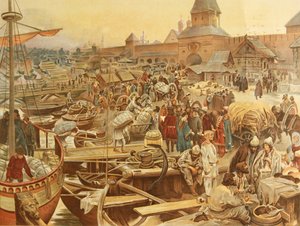 Novgorod Havn, 1907 af Klavdiy Vasilievich Lebedev