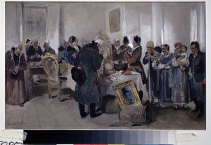 Auktionssalg af livegne. Blandt forskellige genstande (tæppe, fuglebur, malerier, bøger og nipsgenstande) udstilles en bondefamilie, der skal sælges. Adelsmænd og godsejere spadserer og observerer, omringet