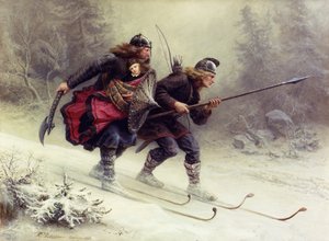 Soldater for den norske konge Sverre, Torstein Skevla og Skjervald Skrukka bærer kongens søn Håkon Håkonsson