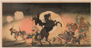 Bombardering af fjendens lejr, mens vores anden hær lander ved Jinzhou-fæstningen af Kobayashi Kiyochika