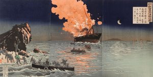 Redning fra et brændende krigsskib. En scene fra krigen mellem Kina og Japan af Kobayashi Kiyochika