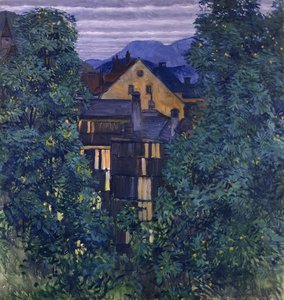 Oversigt over Payerbach, i baggrunden Rax; Udsigt gennem Payerbach, i baggrunden Rax, ca. 1912-1913 af Koloman Moser