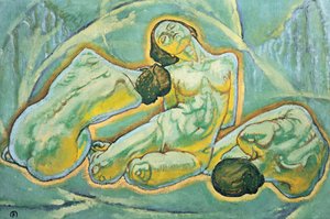 Drei kauernde Frauen - Tre hugsiddende kvinder ... (maleri på lærred) af Koloman Moser