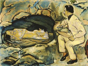 Selvportræt, tegning med havfrue i klippegrotten, 1914. af Koloman Moser
