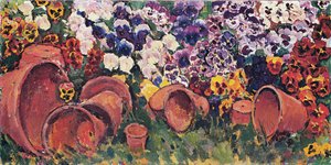 Stedmoderblomster med blomsterpotter - Stedmoderblomster med blomsterpotter ... (olie på lærred) af Koloman Moser