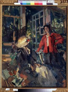 Ved vinduet. To unge kvinder, den ene meget smilende, den anden vendte sig meget elegant om foran en stor karnap. Maleri af Konstantin Alexeyevich Korovin (Constantin Korovin) (1861-1939), olie på lærred af Konstantin Alekseevich Korovin