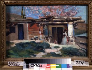 Krim, mandeltræer i blomst. (Krim, blomstrende mandeltræer). Ung kvinde foran et lille træhus, under lyserøde mandeltræer. Maleri af Konstantin Alexeyevich Korovin (Constantin Korovin) (1861-1939), olie på lærred af Konstantin Alekseevich Korovin