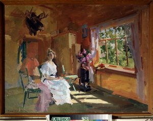 På værelset. Ung kvinde i lys kjole, siddende foran vinduet, hvorigennem vi kan se haven, højsommer. Maleri af Konstantin Alexeyevich Korovin (1861-1939), olie på lærred af Konstantin Alekseevich Korovin