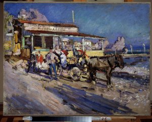 Gurzuf (Krim) (Gurzuf). Havnelandsby holder rede i hulen af ​​en bugt, overset af bjørnens bjerg. Maleri af Konstantin Alexeyevich Korovin (Constantin Korovin) (1861-1939), olie på lærred af Konstantin Alekseevich Korovin