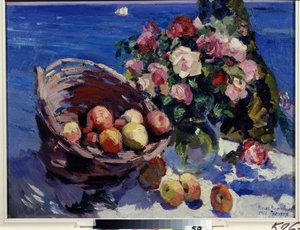 Gurzuf, Ukraine (Gurzuf). Stilleben af ​​blomster og frugter nær havet. Maleri af Konstantin Alexeyevich Korovin (Constantin Korovin) (1861-1939), olie på lærred af Konstantin Alekseevich Korovin