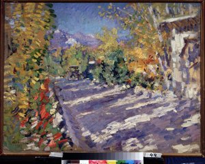 Vejen til Gourzuf (Krim, Rusland). (Vejen til Gurzuf). Skyggefuld vej midt om sommeren, der fører til bjerget nær kysten. Maleri af Konstantin Alexeyevich Korovin (Constantin Korovin) (1861-1939), olie på lærred af Konstantin Alekseevich Korovin