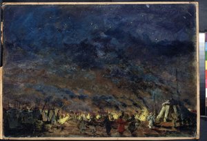The Polovtsian Camp, Scene Design for Opera Prince Igor af Alexander Borodin - (The Polovtsian Camp - Scenic Design for the Opera Prince Igor af Alexander Borodin) - Under en stjernehimmel indrammer lejrens telte lysene, i af Konstantin Alekseevich Korovin
