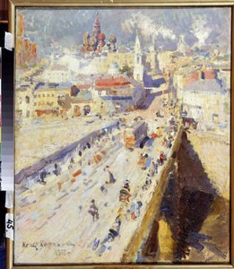 Gamle Moskva (Old Moscow). Udsigt over broen, der fører til byen, med bygningernes facader og kirkernes tage, under en blændende sol. Maleri af Konstantin Alexeyevich Korovin (Constantin Korovin) (1861-1939), olie på lærred