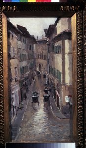 Regn i Firenze (Regn i Firenze). Beskrivelse af en gade i det middelalderlige centrum af byen Toscana (Italien). Maleri af Konstantin Alexeyevich Korovin (Constantin Korovin) (1861-1939), olie på lærred af Konstantin Alekseevich Korovin
