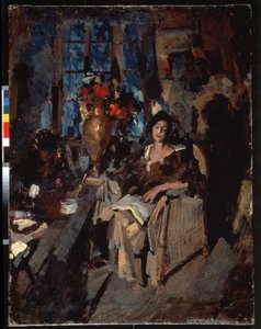 Portræt af en kvinde (kvindeportræt). En smuk melankolsk kvinde med halvt lukkede øjne, siddende i en lænestol, en åben bog placeret på knæ, omgivet af stuemøbler, et bord med en buket blomster, en kop og forskellige hverdagsting. Maling af af Konstantin Alekseevich Korovin