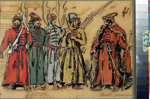 Kostumedesign til operaen Khovanshchina eller Khovansky-prinserne af Modeste Mussorgsky (1839-1881) (Kostumedesign til operaen Khovanshchina af M.Musorgsky). Værk af Konstantin Alexeyevich Korovin (Constantin Korovin) (1861-1939), akvarel, go af Konstantin Alekseevich Korovin