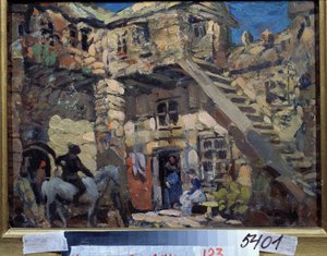 Scenedesign til balletten Don Quixote af Leon (eller Ludwig) Minkus (1826-1917) (Scenedesign til balletten Don Quixote af L. Minkus). Værk af Konstantin Alexeyevich Korovin (Constantin Korovin) (1861-1939), gouache på pap af Konstantin Alekseevich Korovin