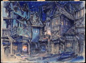 Scenografi til balletten Esmeralda af Anton Simon (1851-1916) (Scenedesign til balletten Esmaralda af A.Simon). Værk af Konstantin Alexeyevich Korovin (Constantin Korovin) (1861-1939), tempera på pap af Konstantin Alekseevich Korovin