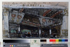 Scenedesign til balletten Le Poisson Dore af Ludwig (Leon) Minkus (1826-1917) (Scenedesign til balletten Den Gyldne Fisk af L.Minkus). Værk af Konstantin Alexeyevich Korovin (Constantin Korovin) (1861-1939), tempera, guld og sølv blæk på pap af Konstantin Alekseevich Korovin